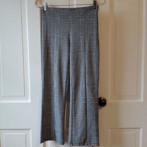 H&M GLEN PLAID KNIT STRAIGHT LEG HIGH RISE PANTS SZ SMALL CROPPED BLACK WHITE - Picture 1 of 7